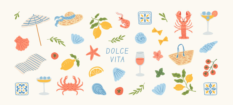 Summer mediterranean vacation illustration set. Italian vibe elements. Hand drawn lemons, seafood, lobster, cocktail, pasta, tomato, tile. Coastal collection for card, prints, wedding invitation.