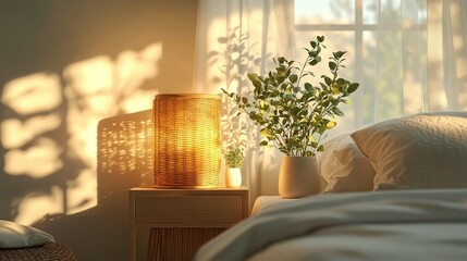 Sunrise Bedroom Decor: Woven Lamp & Plants