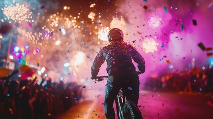 Fototapeta premium Exciting Nighttime Mountain Biker in Colorful Confetti Celebration at Festive Event with Fireworks Display