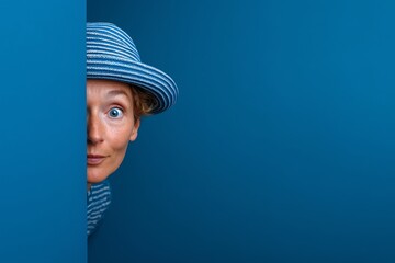 Woman peeking behind blue divider, Funny face in striped hat and shirt, Playful expression for humor or editorial use
