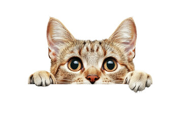 Curious tabby cat playfully peeking over blank white edge, high-resolution PNG cut-out on transparent background perfect for web banners, social media graphics and e-commerce overlays