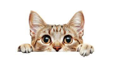 Curious tabby cat playfully peeking over blank white edge, high-resolution PNG cut-out on transparent background perfect for web banners, social media graphics and e-commerce overlays