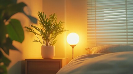 Warm Bedroom Ambiance: Plant, Lamp, & Bed
