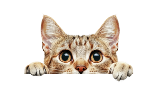 Curious tabby cat playfully peeking over blank white edge, high-resolution PNG cut-out on transparent background perfect for web banners, social media graphics and e-commerce overlays