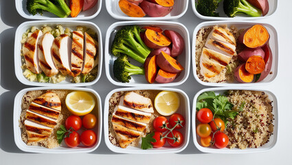 Organized meal prep flat lay with vibrant clean eating ingredients. Balanced portions of lean protein, veggies, and grains under bright lighting.

