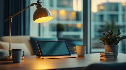 Evening Workspace: Tablet, Desk Lamp, Coffee