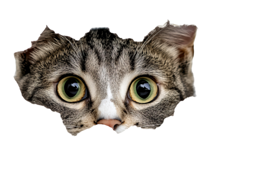 Curious tabby cat playfully peeking over blank white edge, high-resolution PNG cut-out on transparent background perfect for web banners, social media graphics and e-commerce overlays