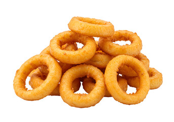 A pile of fried onion rings isolated on white or transparent background. PNG