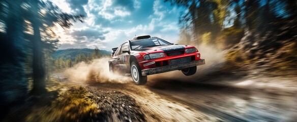 High-Speed Rally Car Racing Through Dusty Forest Landscape During Daytime with Dramatic Sky and Motion Blur