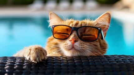 Fluffy orange cat in sunglasses sunbathing on chaise longue near swimming pool. Summer holidays travel and vacation with pets relaxion spa resort hotel. A feline friend enjoys poolside