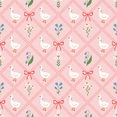 Cute floral seamless pattern with bows, flowers and goose. Preppy spring summer print. Cottagecore aesthetic. Cozy modern background. Vintage damask design for fabric, wallpaper or wrapping paper.