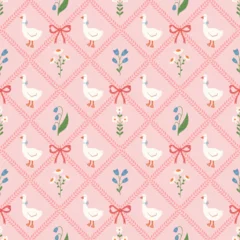 Crédence en verre imprimé Cute floral seamless pattern with bows, flowers and goose. Preppy spring summer print. Cottagecore aesthetic. Cozy modern background. Vintage damask design for fabric, wallpaper or wrapping paper.