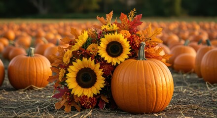 Autumn Harvest Scene with Bright Orange Pumpkins and Vibrant Sunflowers Surrounded by Fall Foliage in a Rustic Field Setting