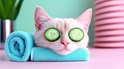 White cat with cucumbers on eyes in spa setting. Pampered feline enjoys relaxing cucumber eye treatment at a tranquil wellness retreat.