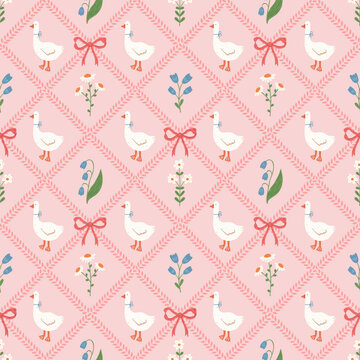 Cute floral seamless pattern with bows, flowers and goose. Preppy spring summer print. Cottagecore aesthetic. Cozy modern background. Vintage damask design for fabric, wallpaper or wrapping paper.