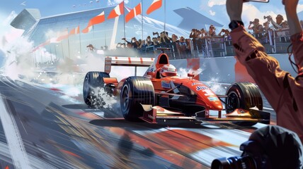 A thrilling depiction of an F1 car skidding around a race track, capturing the dramatic action and excitement of motorsport events with a vibrant atmosphere and cheering crowd.