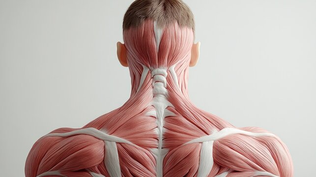 Detailed anatomical view of back and neck muscles