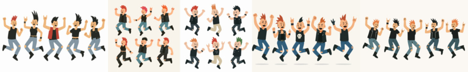 Vector Set Punk teens jumping with mohawk and ripped jeans
