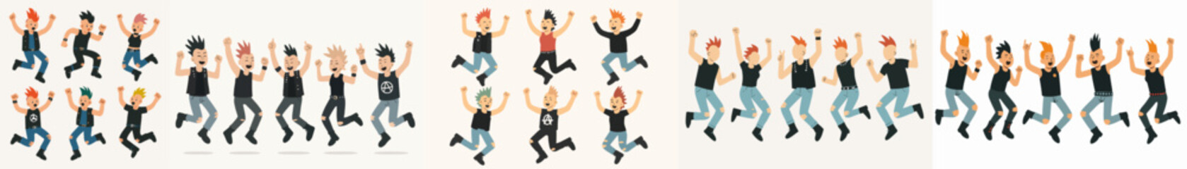 Vector Set Punk teens jumping with mohawk and ripped jeans