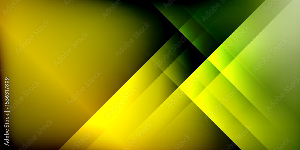 Poster Abstract geometric design. Yellow, green gradients overlap black background. Modern, dynamic composition creates visual interest.