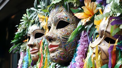 Close-up view of intricate carnival masks adorned with vibrant decorations.