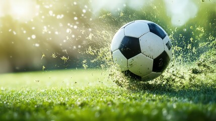 Soccer Ball Impacting Lush Green Grass with Flying Debris