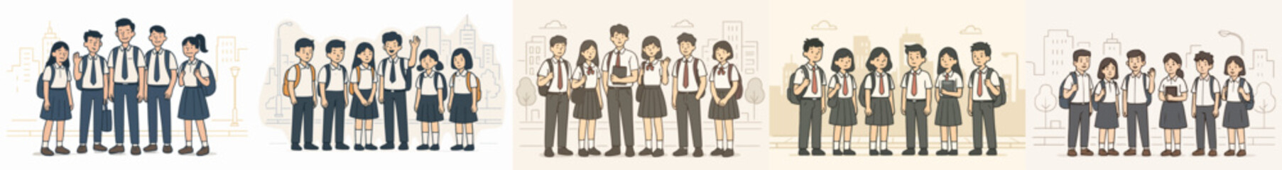 Fototapeta premium Vector Set Students in school uniforms on city street