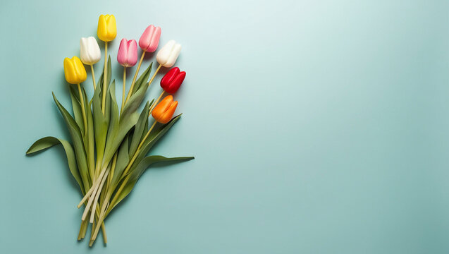 Colorful tulip stems arranged on bottom-right with full negative space. Perfect for mockups, quotes, or spring-inspired layouts.