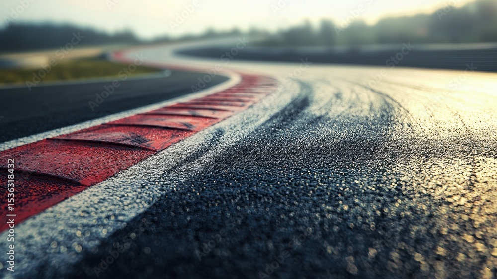 Wall mural captivating close-up of an empty f1 track, showcasing wet asphalt curves and lines. ideal for convey