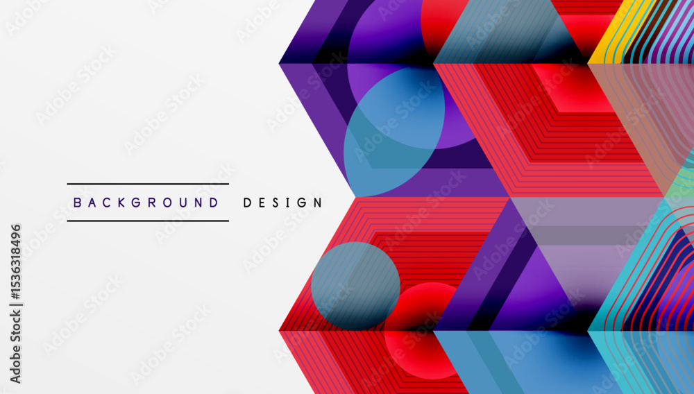 Poster abstract geometric design. vibrant colors, layered shapes create modern background. lines, circles i