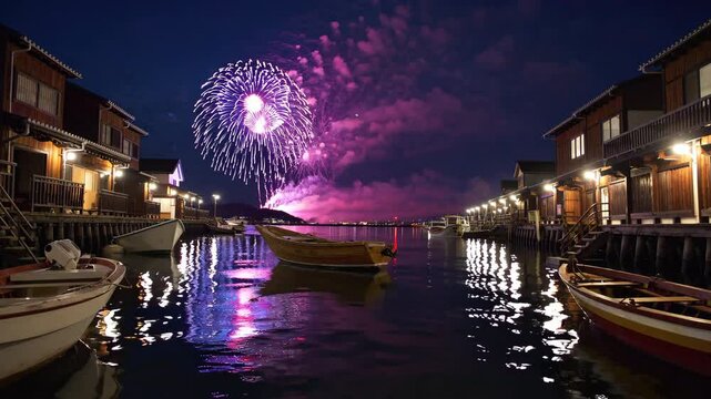 Colorful fireworks bursting in the night sky above traditional funaya boat houses along a quiet bay in Japan, serene summer scene with reflections on calm water
