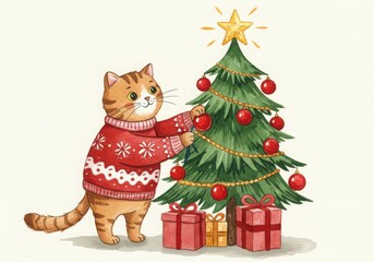 Cat decorating a christmas tree with ornaments and gifts