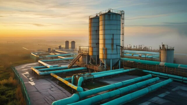 A tranquil sunset scene shows towering industrial silos with ladders and pipes, bathed in golden light, blending the beauty of nature with the stark complexity of human industry