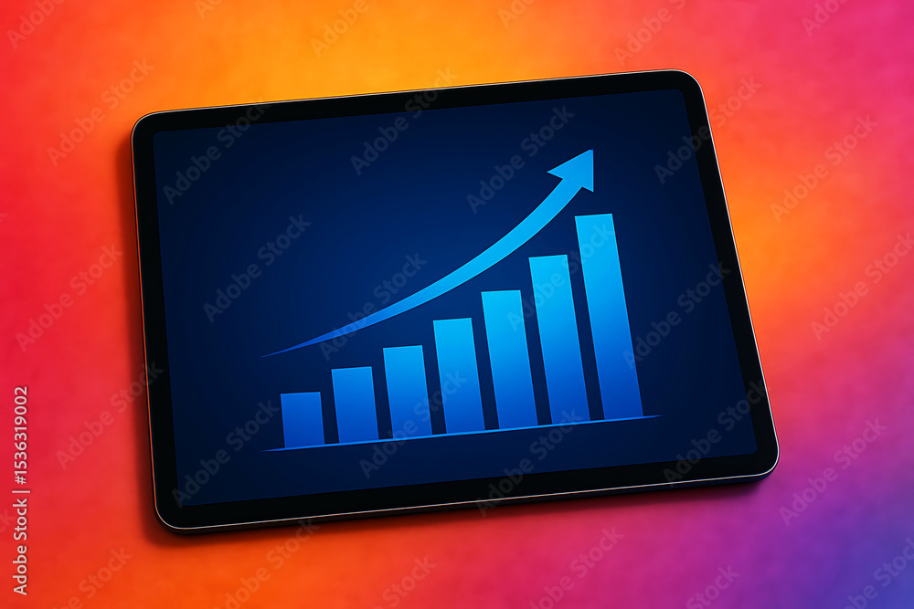 Poster tablet displaying upward trending bar graph
