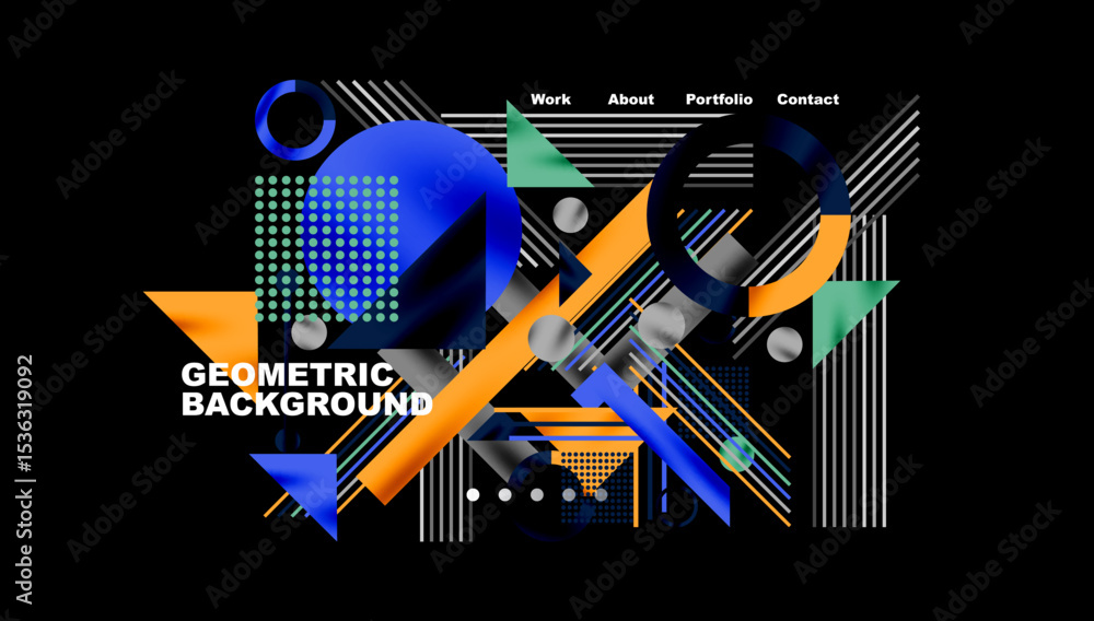Poster abstract geometric composition. blue, orange, green shapes over black background. text reads geometr