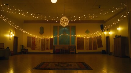 Warm, inviting space filled with string lights.