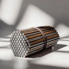 A Bundle of Metal Rods with Rust Texture Securely Fastened with Brown Straps Resting on a White Surface Under a Play of Light and Shadow