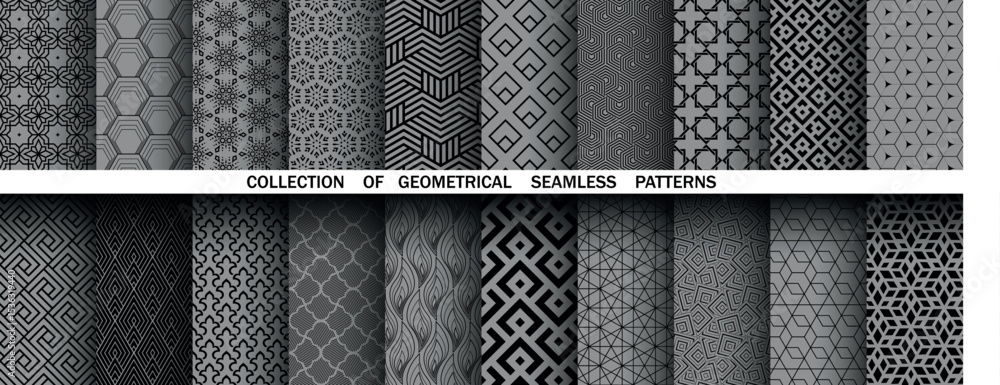 Poster Geometric set of seamless black and gray patterns. Simple vector graphics