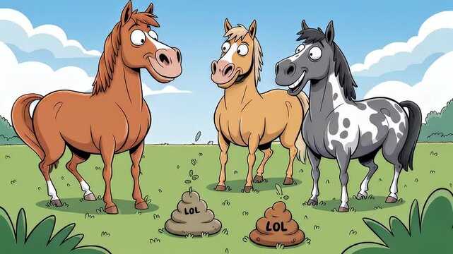 Cartoon horses standing beside piles of poop in a playful and humorous educational style