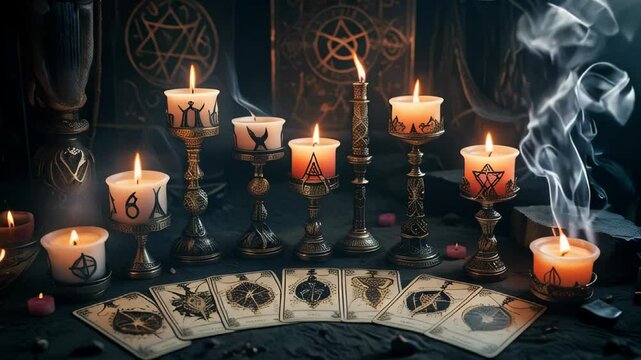 video of Mystical candles and Tarot cards arranged for rituals and divination, rich in detail and rooted in an occult theme