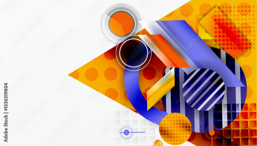 Poster abstract geometric composition. bright colors, circles, squares, stripes create dynamic visual effec