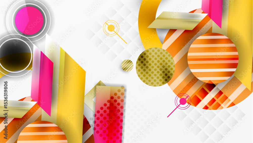 Poster Abstract geometric composition. Bright colors, shapes overlap, creating dynamic visual effect. Modern design elements present.