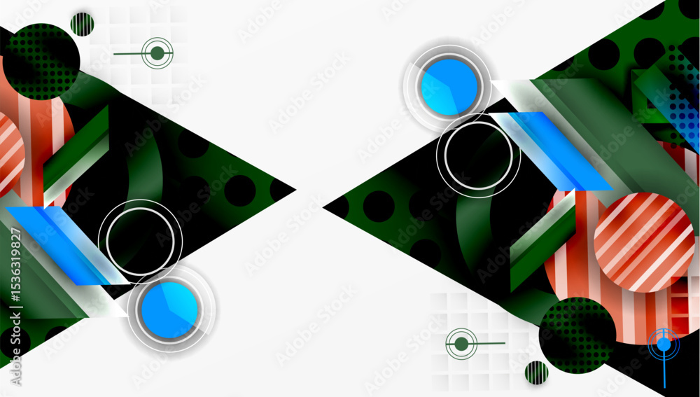 Aufkleber Abstract geometric design. Shapes overlap, creating dynamic visual effect. Colors include blue, green, red, black. Modern style.