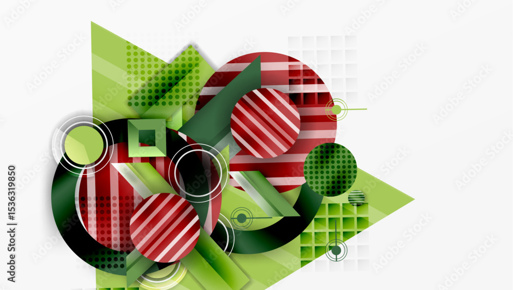 Aufkleber Abstract geometric design. Red, green elements overlap. Circles, squares create dynamic composition. Modern vector illustration.