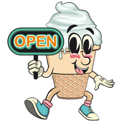 cute ice cream cone mascot cartoon vector character with waffle cone and vanilla topping showing a sign that says open, work of hand drawn
