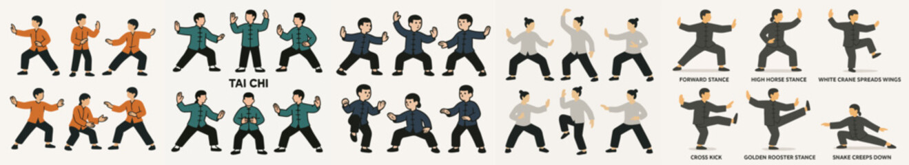 Vector Set Tai chi positions stances martial arts
