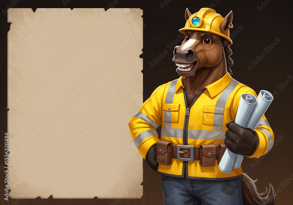 Poster a horse in a builder's suit with blueprints stands next to an empty banner, space for text or advert