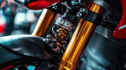 This close-up image captures the intricate details of a MotoGP bike's front fork, highlighting its advanced suspension technology and precision engineering that define high-performance racing.