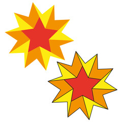 Golden star shapes. Bright burst design. Yellow radiant symbols. Vector decoration elements.
