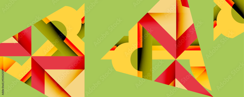 Poster abstract geometric shapes overlap, creating vibrant color blocks. red, yellow, green dominate compos